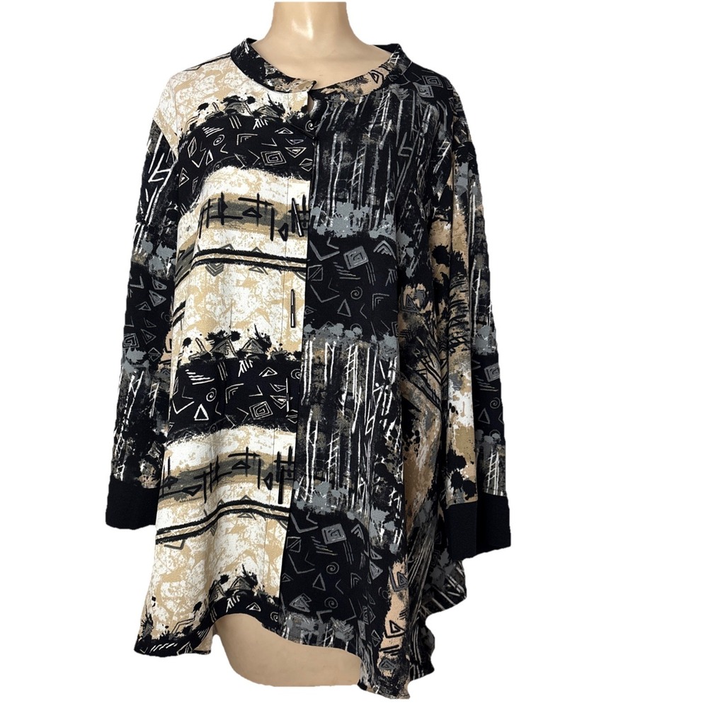 Ali Miles Button Up Top Women 3X Black Tan Abstract Artsy Lagenlook Relaxed